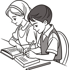 Elegant One-Line Illustration of Children Studying at a School Table in Monochrome Style