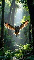 Fototapeta premium Subtle owl leaping through the air with grace in a lush jungle environment