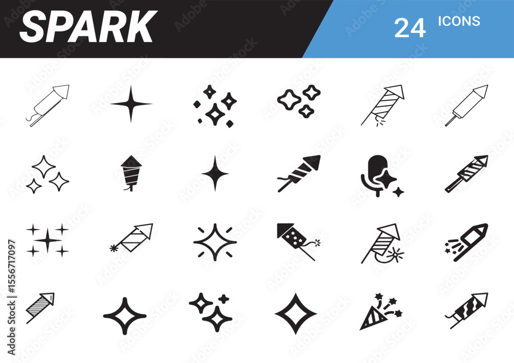 Poster spark icon set: a collection of minimalistic line art icons representing sparks and fireworks, ideal