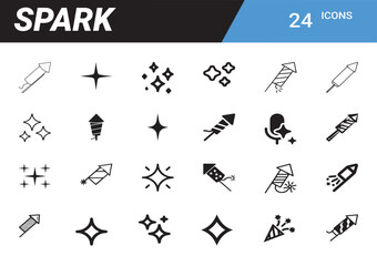 Naklejka premium Spark Icon Set: A collection of minimalistic line art icons representing sparks and fireworks, ideal for conveying energy, excitement, and celebration. 