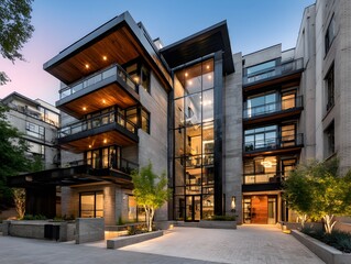 Modern apartment building showcases sleek architectural design and upscale features in urban neighborhood scene.