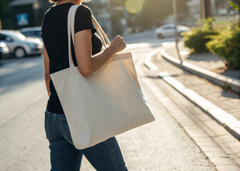 Sustainable Lifestyle Woman Walking with Eco-Friendly Tote Bag
