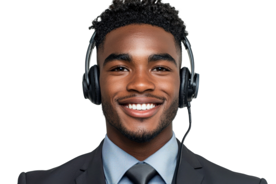 Professional man with headset smiling confidently, showcasing customer service skills, isolated on white background, perfect for business and communication themes.