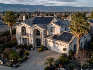 Upscale residential home displays installed solar panels on a large roof in a sunny California neighborhood.