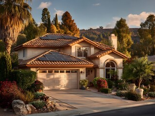Obraz premium A beautiful two story house with solar panels on the roof is led in a lush residential neighborhood.