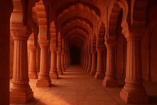 Majestic corridor with columns in ancient sandstone, architectural heritage with arches, warm lighting, Indian culture background