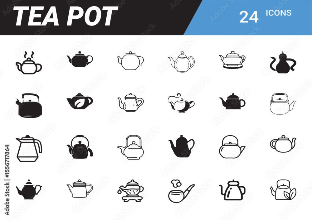 Poster teapot icon set: a comprehensive collection of 24 teapot icons in various styles, perfect for websit