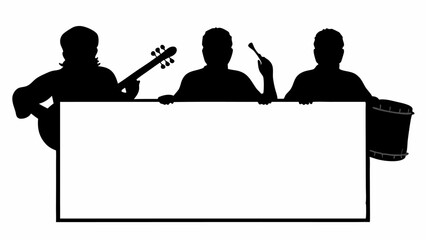 Silhouette musicians holding a blank banner for message or advertisement display in black and white style