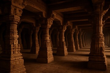 Detailed carved stone columns inside an ancient temple, shadow play and sunlight creating a mysterious atmosphere, architectural elegance