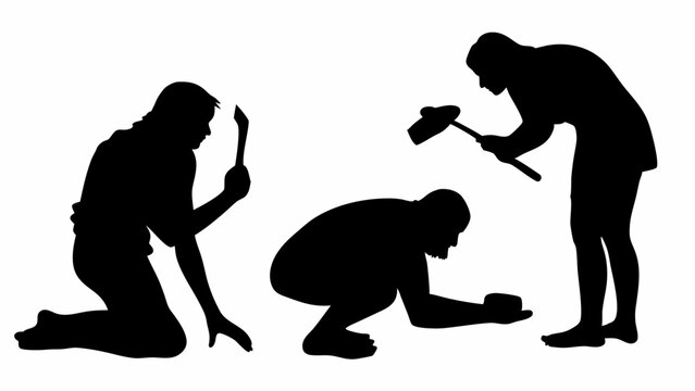 Silhouettes of primitive humans crafting tools with hammer and sharp stone for survival and progress