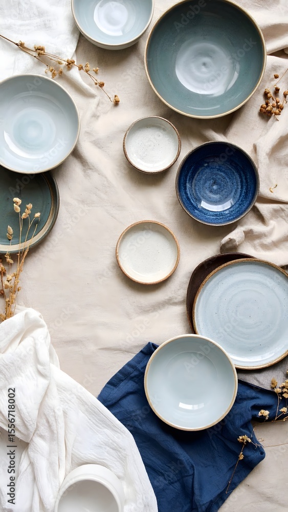 Poster stylish table arrangement featuring plates and bowls against a cool canvas backdrop