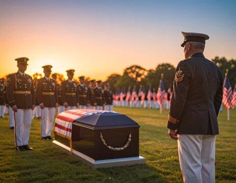 A man in the military American flag on caskets