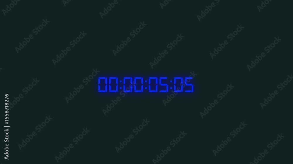 Poster starting soon digital countdown clock timer in 5 seconds to zero second. white text number on isolat
