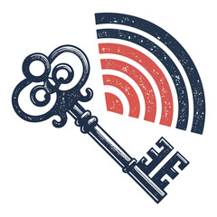 Antique key intertwined with a modern abstract wifi signal, digital era meeting the past.