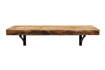 Long wooden shelf with metal brackets, isolated on black background.
