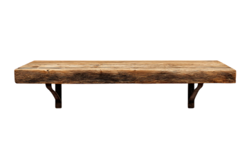 Long wooden shelf with metal brackets, isolated on black background.