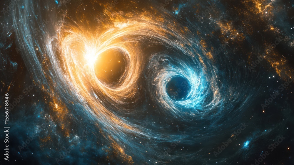 Poster cosmic collision: a visual representation of two interacting galactic forms