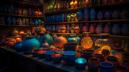 Colorful Handcrafted Pottery Display with Intricate Patterns and Warm Ambient Lighting