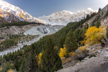 Golden autumn trees contrast with snow-capped peaks and glacier-carved valley