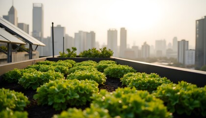 Fototapeta premium Urban Rooftop Garden with Green Lettuce Plants Against a City Skyline at Sunset