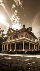 Fototapeta premium Majestic house with a big porch captured from a worm's-eye angle in dramatic lighting