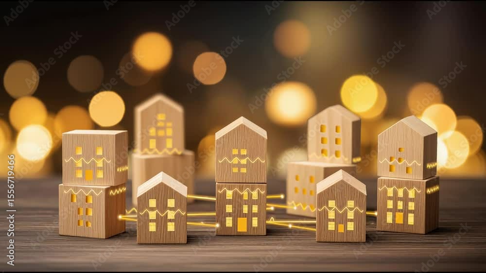 Poster conceptual illustration of blockchain-powered city showing economic autonomy and modern urban infras