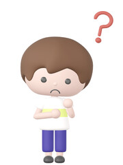 3Dのはてなマークと疑問の表情の男の子のイラスト