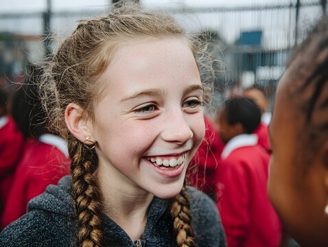 A young girl with braided hair smiles brightly while talking to her friend in an outdoor schoolyard setting.