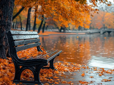 Autumn park bench by a lake