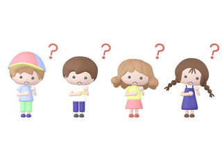 3Dのはてなマークと子どもたちのイラストセット