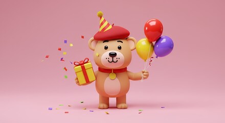 Naklejka premium Cartoon bear character with gift and balloons