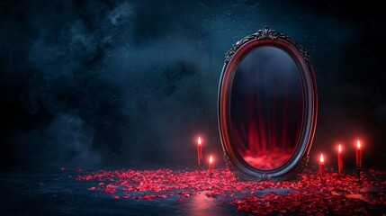 A 3D cartoon haunted mirror with creepy reflection