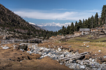 Rustic mountain village with wooden cabins and alpine landscape