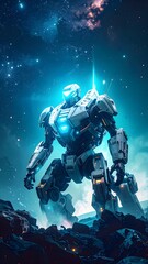 A sci-fi robot standing majestically on a rocky hill with a bright turquoise glow