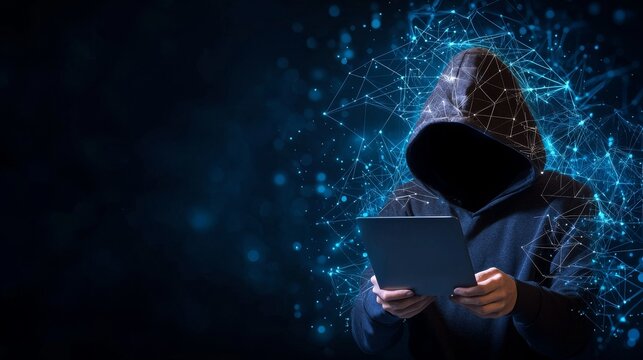 A digital hacker avatar inside virtual cyberspace