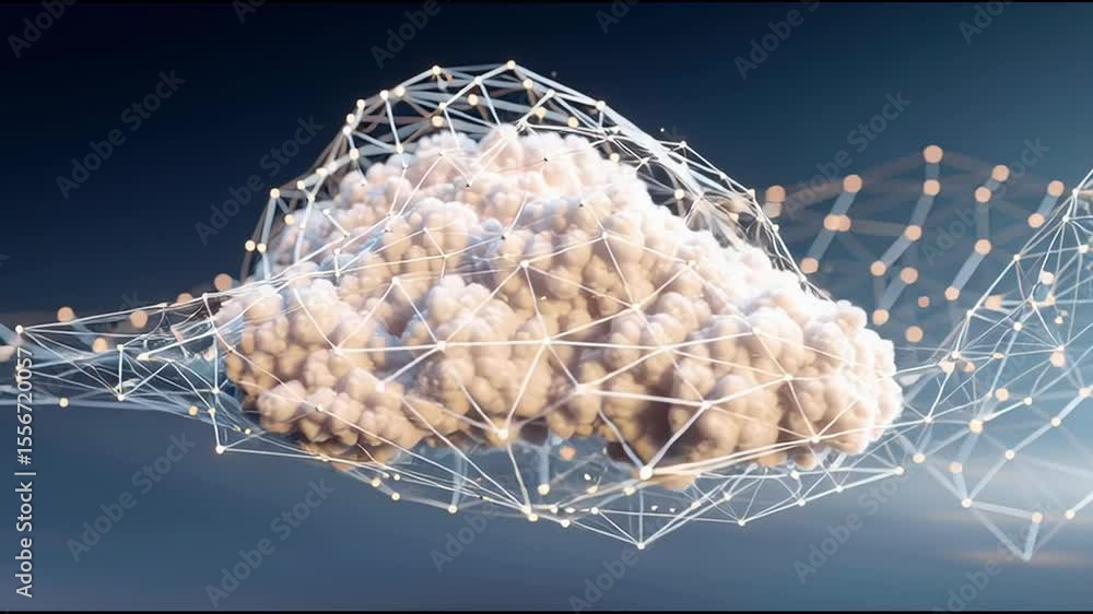 Poster cloud intelligence and distributed ai network – animated video version realistic cloud surrounded by