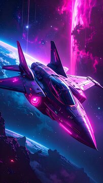 Epic starfighter soaring over a planet with intense magenta glow in sci-fi style