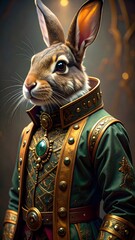 Noble rabbit dressed as medieval character in canvas coat with jeweled brooch in expressionist style