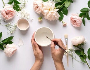 Hands Painting Ceramic Bowl With Pink Flowers