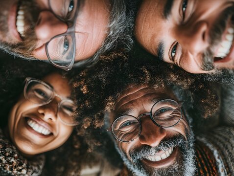 Group of diverse friends lying in a circle smiles happily together with their heads touching each other.