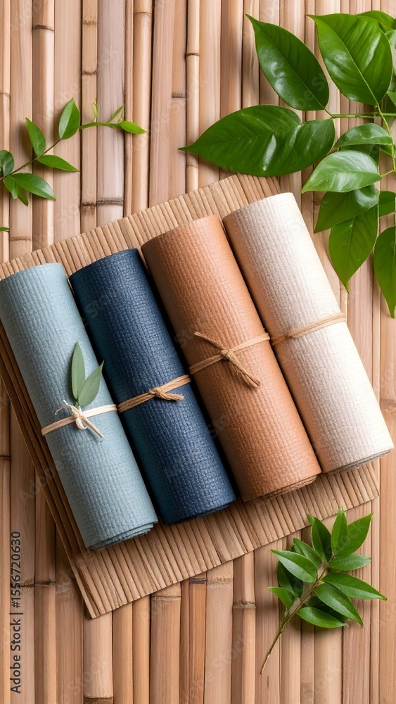 Poster three rolls of bamboo paper tied with string on a bamboo background with dusky hues