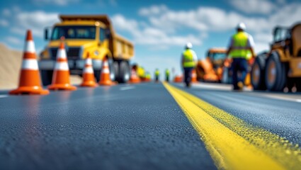 yellow road markings, road service repairs the road, pave the road and apply dividing markings to the roadway