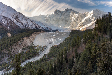 Majestic Snow-Clad Peak Rising Over Forested Slopes