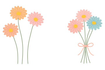 Obraz premium Elegant Pastel Gerbera Flowers in Pink, Orange, and Blue with Delicate Ribbon Tying the Bouquet