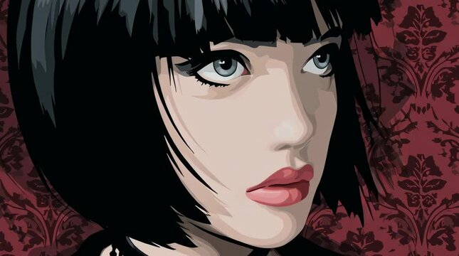 Gothic girl with sharp eyeliner and red lips
Dark short hair and intense eyes in vector style