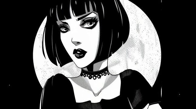 Gothic girl with short hair and dark lips
Black and white vector art with bold style