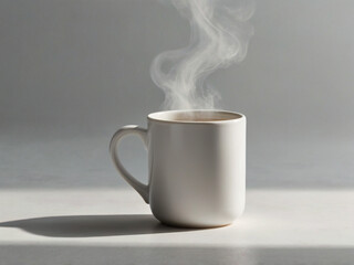 A minimalist white ceramic coffee mug with steam rising