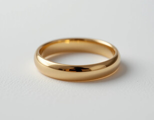 A single golden wedding ring lying flat on a bright white background