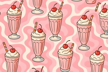 Seamless Pattern of Pink Milkshakes with Cherries and Striped Straws on a Wavy Background