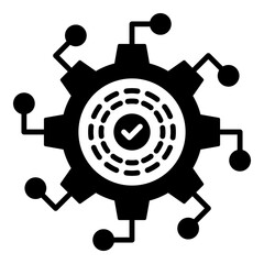 Obraz premium Automation solid glyph style icon with a gear and network connections representing validation and quality control